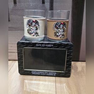 Don Ed Hardy Embroidered Leather Wrapped Glasses Set of 2 DON ED HARDY